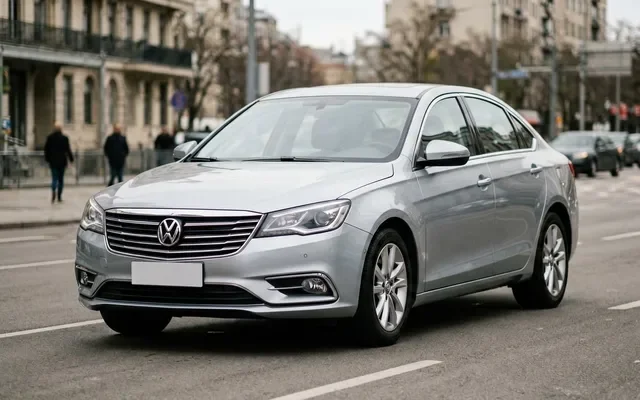 Белый седан Belgee S50 в три четверти на фоне парковки ТЦ