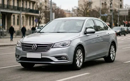 Белый седан Belgee S50 в три четверти на фоне парковки ТЦ