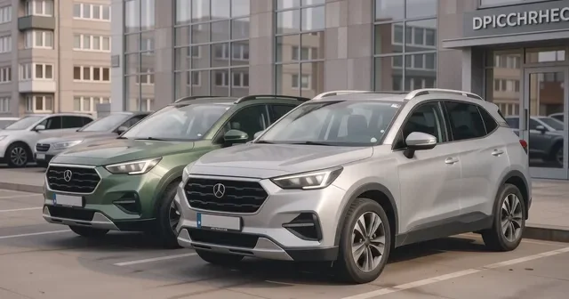 Белый Belgee X50 стоит слева от красного Haval Jolion на фоне дилерского центра