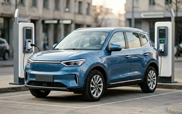 Черный Chery iCar 03 на фоне бетонных стен парковки в профиль