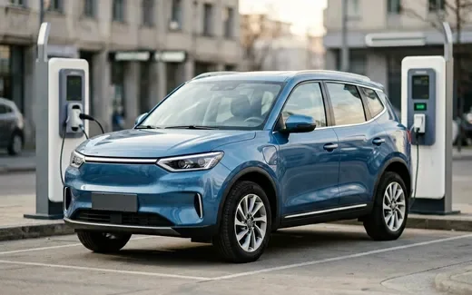 Черный Chery iCar 03 на фоне бетонных стен парковки в профиль