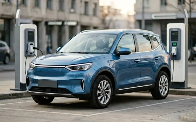 Черный Chery iCar 03 на фоне бетонных стен парковки в профиль