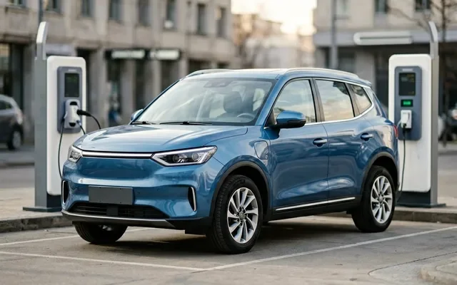 Черный Chery iCar 03 на фоне бетонных стен парковки в профиль
