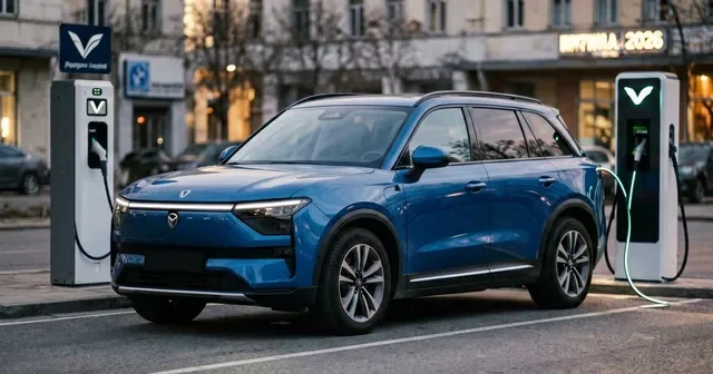 Белый электрокроссовер Chery iCar на фоне городской застройки