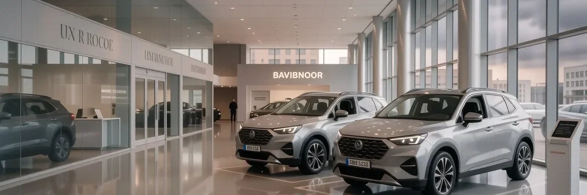 Кроссоверы Chery в ряду на современной дилерской площадке
