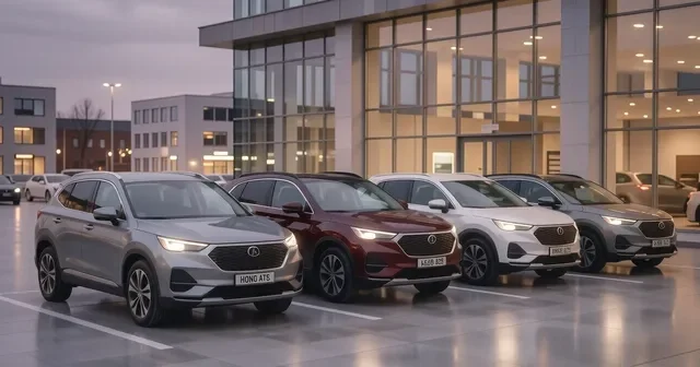 Белый Geely Atlas едет по загородному шоссе в сумерках