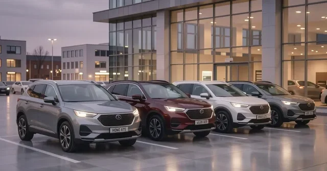 Белый Geely Atlas едет по загородному шоссе в сумерках