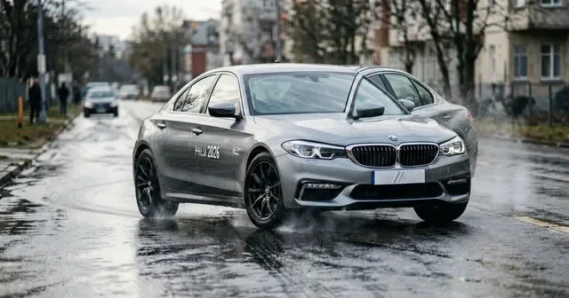 Передняя часть автомобиля Lada Vesta на мокром асфальте во время торможения
