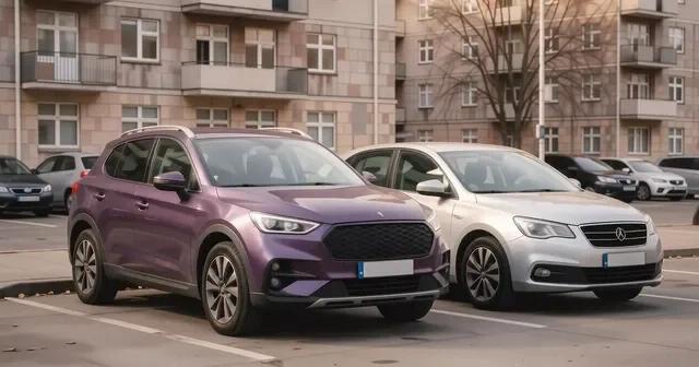 Красный Geely Coolray и белый Belgee S50 стоят рядом на парковке