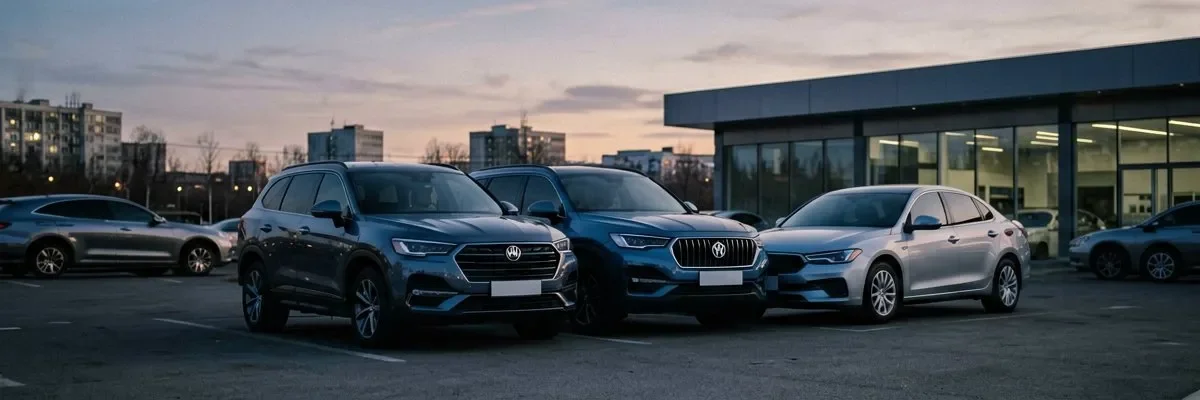 Geely кроссоверы и седан на дилерском лоту, городской вечерний свет