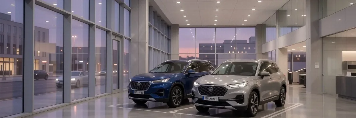Geely кроссоверы и седан на дилерском лоту, городской вечерний свет