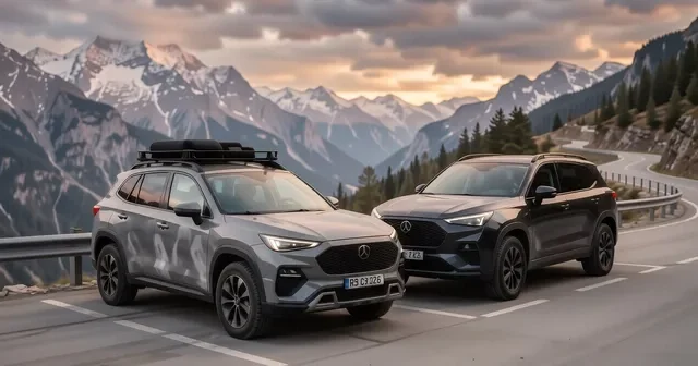 Черный Haval Dargo и белый Geely Monjaro на фоне заправки