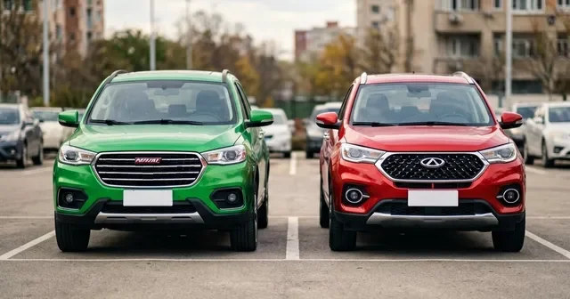 Красный Haval Jolion и синий Chery Tiggo 4 Pro стоят на парковке ТЦ