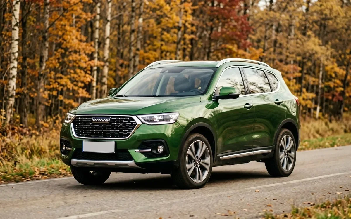 Haval Jolion 2026 года в зелёном цвете на загородной дороге