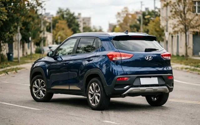Белая Hyundai Creta на гравийной дороге в лесу, вид спереди-сбоку