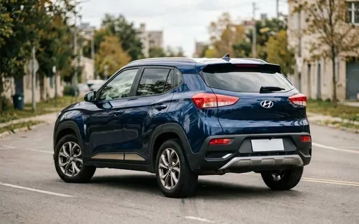 Белая Hyundai Creta на гравийной дороге в лесу, вид спереди-сбоку