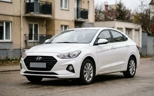 Белый Hyundai Solaris седан на парковке у торгового центра в солнечный день