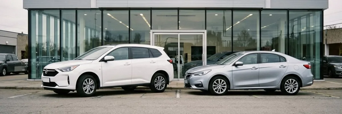 Hyundai кроссовер и седан на дилерской площадке у современного шоурума