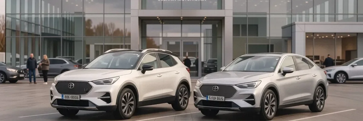 Hyundai кроссовер и седан на дилерской площадке у современного шоурума