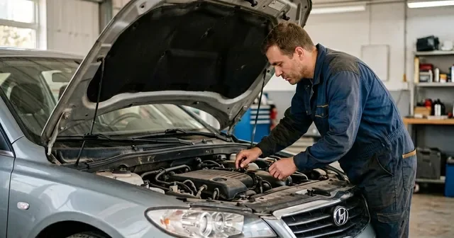 Мужчина с толщиномером проверяет крыло белого автомобиля на парковке