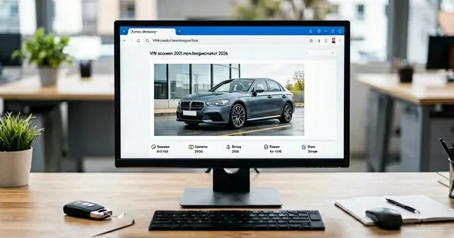 Рука человека держит смартфон с открытым сайтом проверки VIN-кода на фоне автомобиля