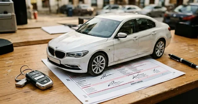 Мужчина проверяет полис ОСАГО в мобильном приложении на фоне белой Lada Vesta
