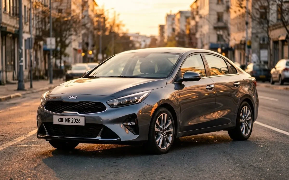 Белый Kia Cerato седан на парковке торгового центра в солнечный день