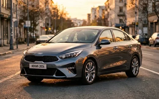 Белый Kia Cerato седан на парковке торгового центра в солнечный день