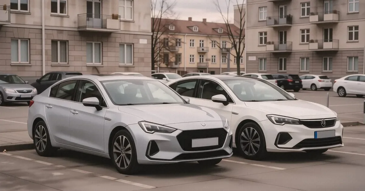 Красная Kia Rio и белая Hyundai Solaris стоят рядом на парковке