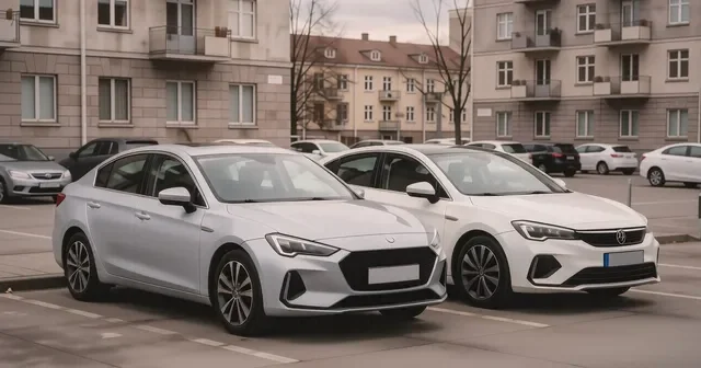 Красная Kia Rio и белая Hyundai Solaris стоят рядом на парковке