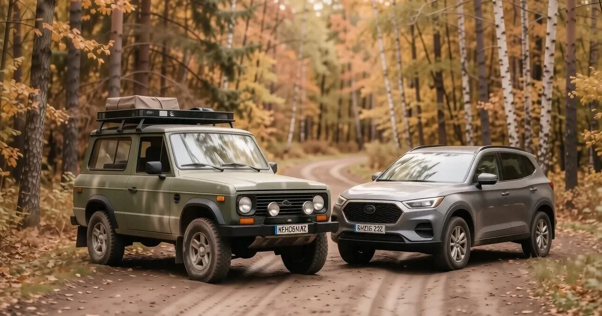 Красная Lada Niva Legend и синяя Niva Travel на грунтовой дороге