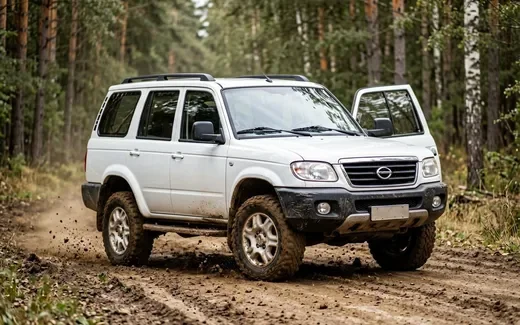 Белая Lada Niva Travel на грунтовой дороге в лесу