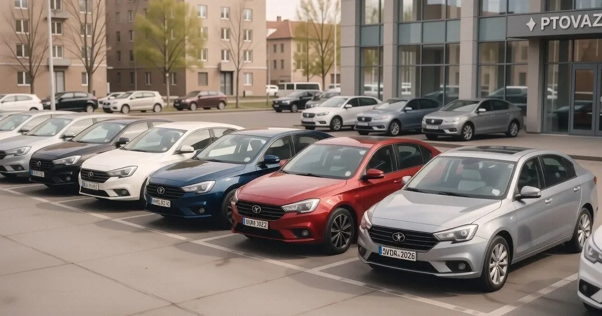 Белая Lada Vesta SW Cross на фоне дилерского центра в Тольятти