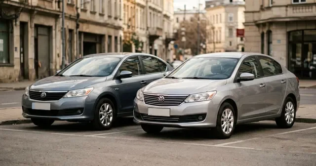 Белая Lada Vesta SW Cross и серая Hyundai Solaris стоят на парковке у торгового центра