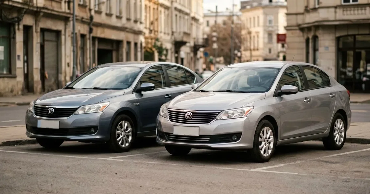 Белая Lada Vesta SW Cross и серая Hyundai Solaris стоят на парковке у торгового центра