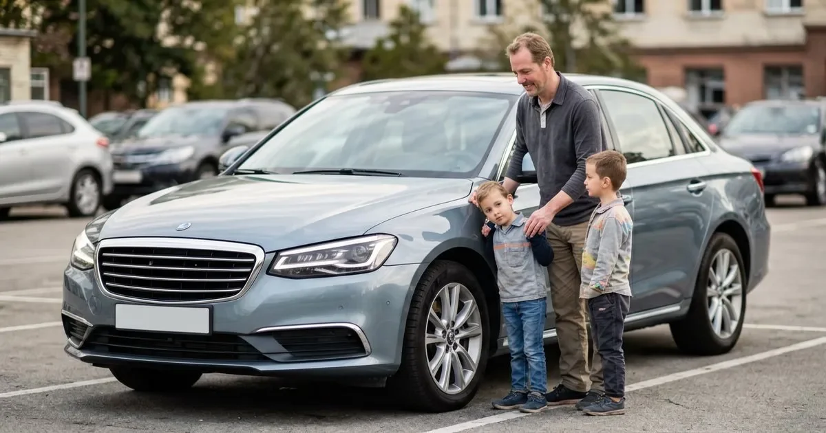 Семья с двумя детьми стоит у нового белого Chery Tiggo 7 Pro на парковке