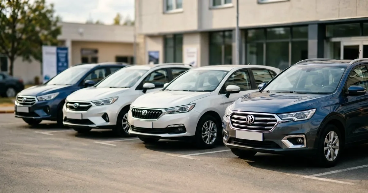 Белый Lada Granta стоит на парковке дилерского центра в Москве