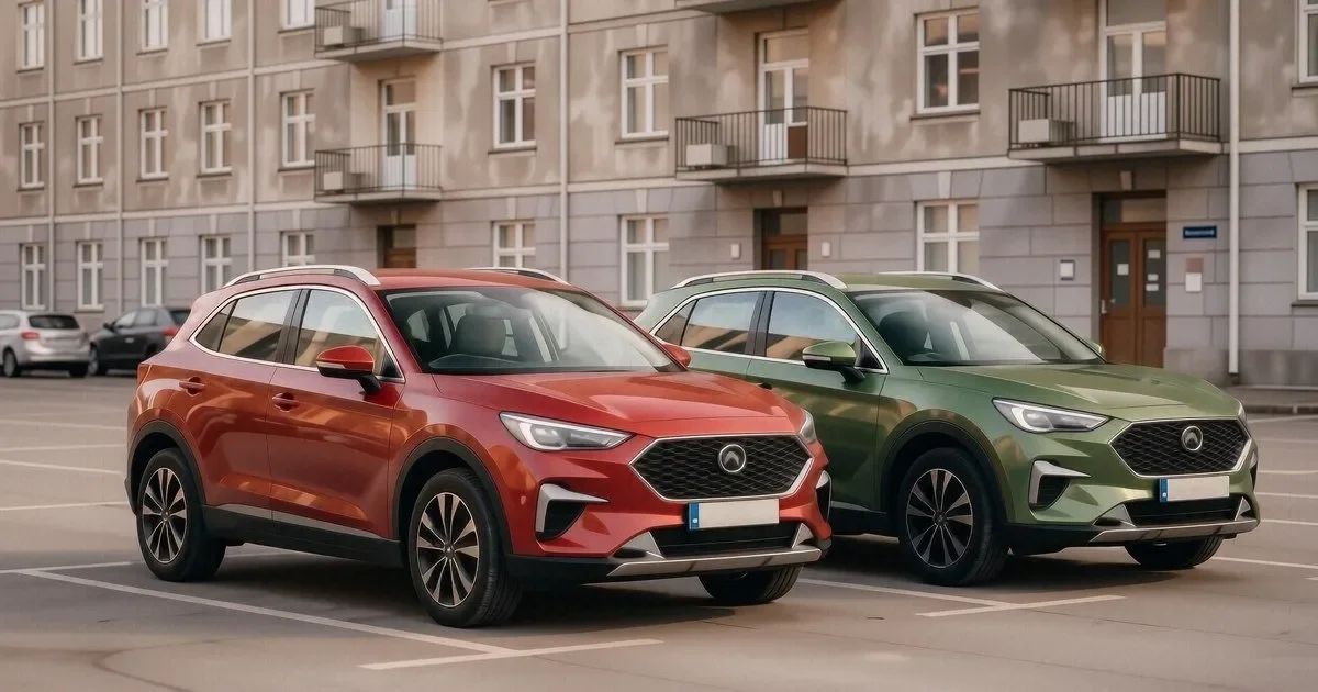 Белый Москвич 3 и красный Haval Jolion стоят рядом на парковке