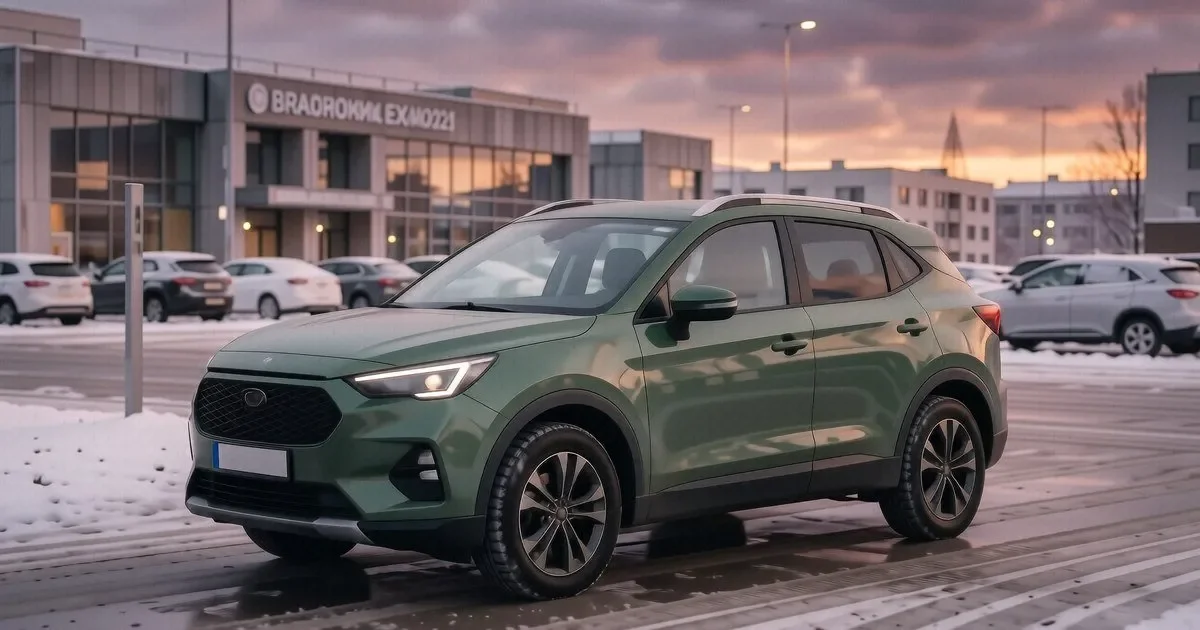 Белый Haval Jolion на фоне заснеженного дилерского центра в Москве