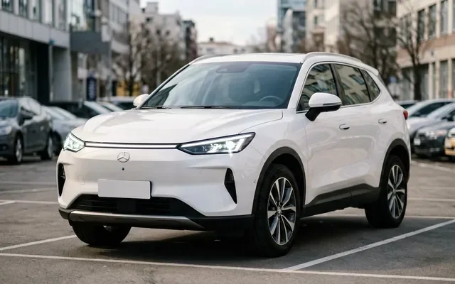 Красная Omoda C5 на фоне заправки в Подмосковье, вид спереди три четверти