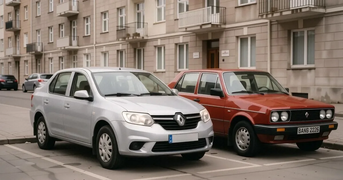 Белый Lada Granta 2024 года стоит рядом с серым Renault Logan 2019 года