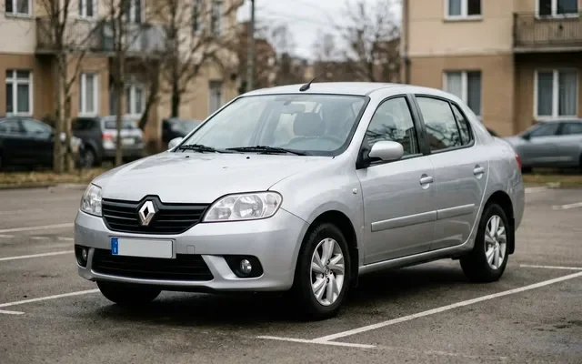 Серебристый Renault Logan седан на обочине загородной трассы