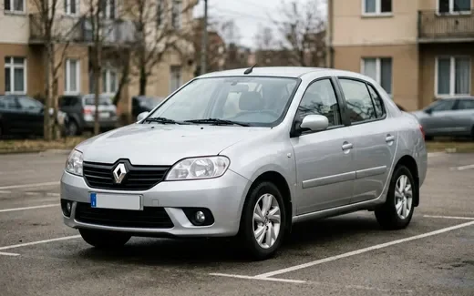 Серебристый Renault Logan седан на обочине загородной трассы