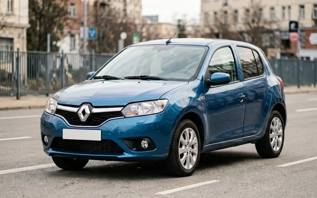 Серебристый Renault Sandero на фоне заправки в Подмосковье