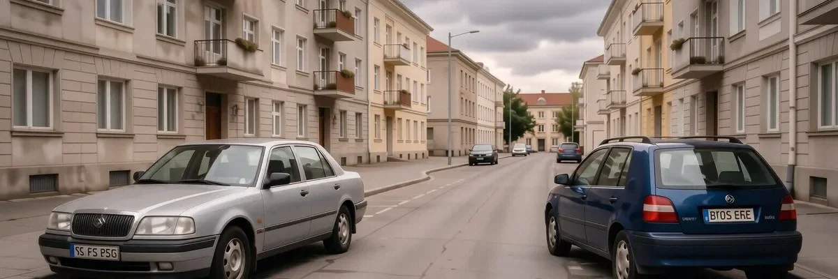 Renault Logan и Sandero на жилой парковке, городская улица