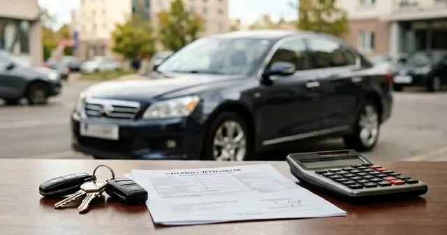 Мужчина подписывает кредитный договор в автосалоне на фоне Lada Vesta