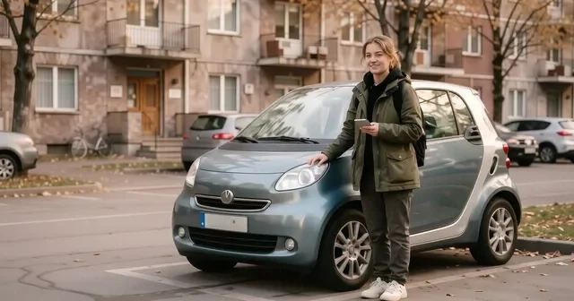 Белый Renault Logan стоит на парковке университета