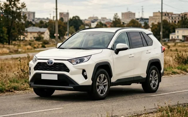 Белый Toyota RAV4 в профиль на фоне заснеженного леса