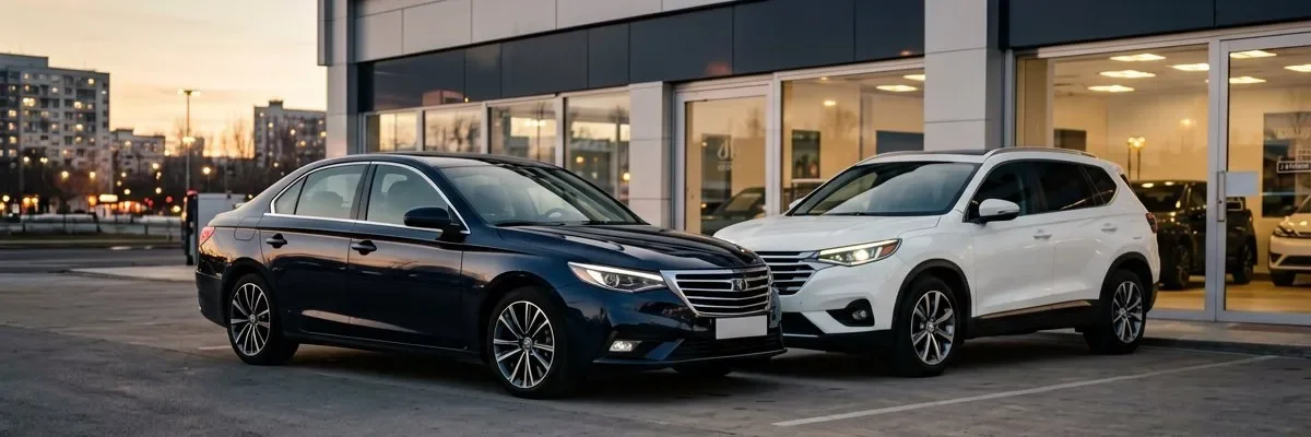 Toyota седан и кроссовер у сервисного центра, вечерний свет
