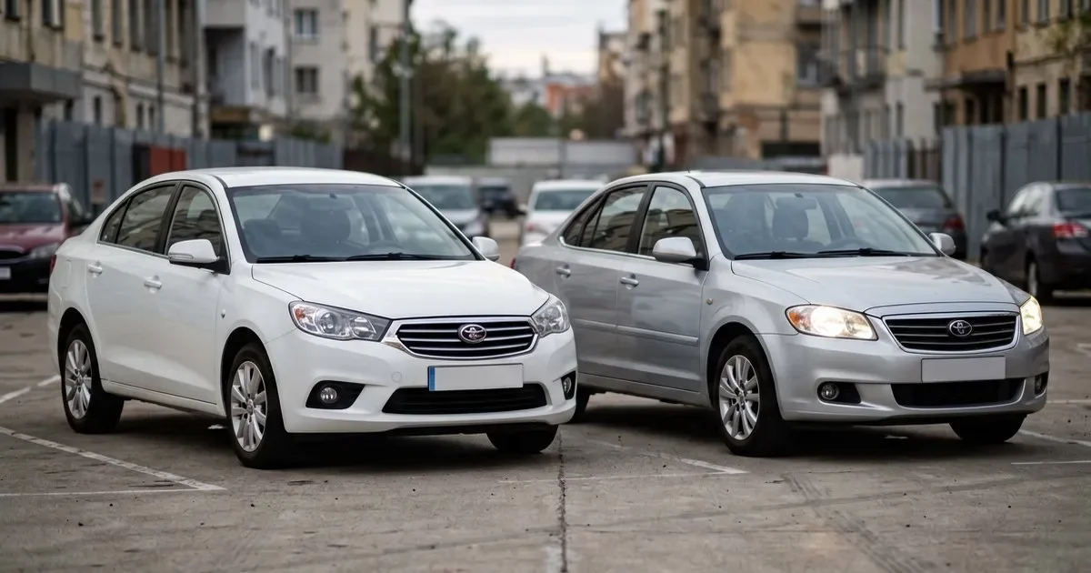 Красная Lada Vesta SW Cross и белая Lada Granta стоят рядом на парковке